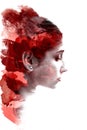 Double exposure of a young beautiful girl. Painted portrait of a female face. Multicolored picture isolated on white background. F