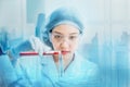 Double exposure young female scientist or chemist,chemical test tube research in laboratory,sample antibiotics in medical Royalty Free Stock Photo