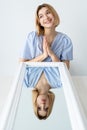 double face cute smiling woman offended reflection Royalty Free Stock Photo