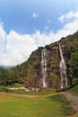 Double falls in mountains. The photo is made by a lens Fisheye Royalty Free Stock Photo