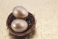 Double gold retirement nest eggs reward solving savings puzzle Royalty Free Stock Photo