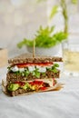 Superfood double big sandwich with avocado,tomatoes,cheese and lettuce on whole grain bread against a rustic wood background