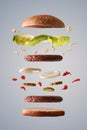 Double hamburger floating with lettuce onion and pickles gray background