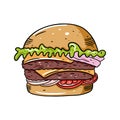 Double Hamburger. Hand drawn colorful vector illustration in cartoon style. Isolated on white background.