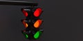 Double hanging traffic light with all three color on grey background. Space for text. 3d render