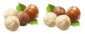 Double hazelnut set isolated on white background. Whole and peeled nuts with leaves