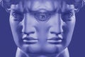 Double head statue David close up on blue background. Replica of face famous sculpture youth of David by Michelangelo Royalty Free Stock Photo