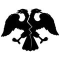 Double-headed eagle with spread wings. Crack on the torso. Destruction and disintegration of the empire. Emblem, symbol.