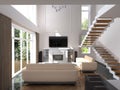 Double Height Living Room with Staircase and Open Kitchen 3 Royalty Free Stock Photo