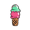 Double Ice Cream in waffle cone Sketch. Hand drawn cartoon isolated illustration on a white background. Sweet delicious cold