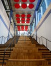 Double internal wooden staircase with metal handrail Royalty Free Stock Photo