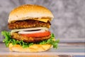 Double juicy burger with vegetables on table Royalty Free Stock Photo