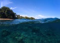 Double landscape with sea and sky. Sea panorama split photo. Undersea view of tropical island seashore. Royalty Free Stock Photo