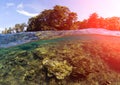 Double landscape with sea and sky. Seascape split photo. Tropical island greenery. Royalty Free Stock Photo