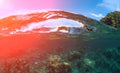 Double landscape with sea and sky. Split photo of sunny seashore. Above and below sea waterline.