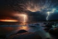 A double lightning strike occurs at sunset over the ocean Royalty Free Stock Photo