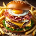 Double meat burger with melted cheese, tomato, lettuce and onion