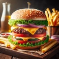 Double meat burger with melted cheese, tomato, lettuce and onion. It looks juicy and appetizing,