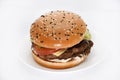 Double meat burger with vegetables on a white background. Delicious cheeseburger on a plate. Meat fast food. A large hamburger Royalty Free Stock Photo
