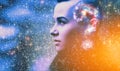 Double multiply exposure abstract portrait of young woman face with galaxy universe space inside head. Human mind spirit, ai brain