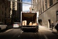 Double parked delivery truck with the back door open in Manhattan New York