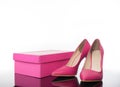 Double pink pointed high heels women`s shoe and box Royalty Free Stock Photo