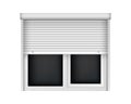 Double plastic window with half open blind. Realistic white roller shutter for glass window. Large close window, outside Royalty Free Stock Photo