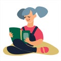 Double-ponytail girl reading a book vector illustration. Isolated design element