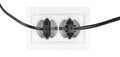 Double power European electric plug isolated on a white. Black electric cord plugged into a white electricity socket on white Royalty Free Stock Photo