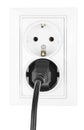 Double power European electric plug isolated on a white. Black electric cord plugged into a white electricity socket on white Royalty Free Stock Photo