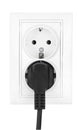 Double power European electric plug isolated on a white. Black electric cord plugged into a white electricity socket on white Royalty Free Stock Photo