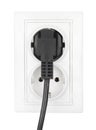 Double power European electric plug isolated on a white. Black electric cord plugged into a white electricity socket on white Royalty Free Stock Photo