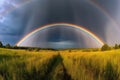 Double Rainbow Appearing In Rural Or Natural Setting, With The Colors Of Each Band Standing Out Against The Blue Sky And Green