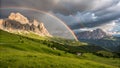 Double Rainbow Arcs Over Picturesque Alpine Meadows Royalty Free Stock Photo
