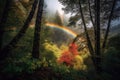 Double Rainbow Emerging From Behind Dense Forest, With The Bright Colors Of Each Band Contrasting Beautifully Against The Green