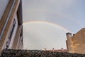 Double rainbow on a gray sky after rain. A rare atmospheric phenomenon after a storm Royalty Free Stock Photo