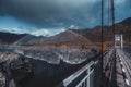 Double rainbow, mountains, bridge Royalty Free Stock Photo