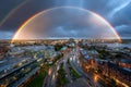 Double Rainbow Over City at Dusk After Rain Royalty Free Stock Photo