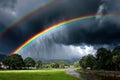 Double Rainbow Over Green Fields and Stream After Storm Royalty Free Stock Photo