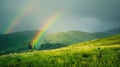 Double rainbow over green rolling hills and meadow Royalty Free Stock Photo