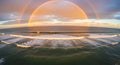 Double rainbow over ocean waves at sunset, reflecting in the water and sky Royalty Free Stock Photo