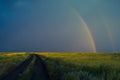 Double rainbow after rain on the background of storm clouds.Road in field. Royalty Free Stock Photo