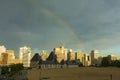 A double rainbow seen during a sunset over the Montreal skyline