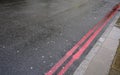 Double red line near curb on wet asphalt road. In London these indicate stopping forbidden any time, and are used instead of