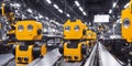 Double row of yellow industrial robots at conveyor line at a factory doing heavy industry manufacturing. AI generative