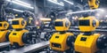 Double row of yellow industrial robots at conveyor line at a factory doing heavy industry manufacturing. AI generative