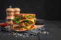 Double sandwich with ham, cheese and fresh vegetables on a black background.