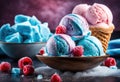 A double scoop of blue raspberry and cotton candy ice cream in a sugar cone.