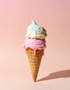Double Scoop Ice Cream Cone with Pink and Mint Flavors on Pink Background Royalty Free Stock Photo