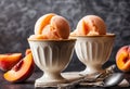 A double scoop of peach and apricot sorbet in a cup.